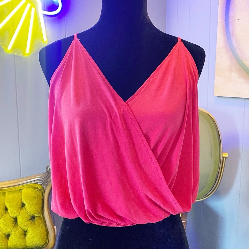 Vintage Y2K Hot Gal Fuchsia Pink Crossover Deep V Top Size Large
